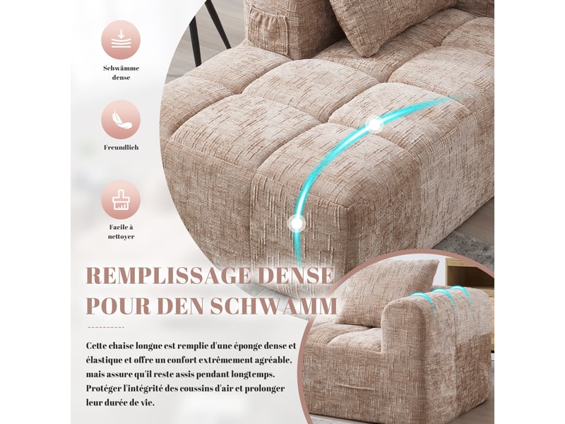  Méridienne fixe en chenille kaki 158 x 90 x 60 cm avec coussin et poche latérale, sans assemblage, salon chambre 158x90x60cm - Conforama E