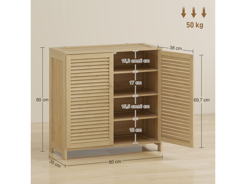  Meuble à chaussures 14 paires en bambou 2 portes bois naturel 80 x 35 x 80 cm  - Conforama C