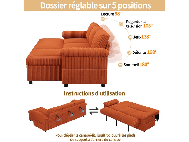  Canapé d'angle convertible 3 places 214 x 138,5 x 89 cm, couchage 214 x 177 cm, méridienne réversible avec coffre, usbtype-c, velours côtelé orange OMNIGLINT TRADING LTD - Conforama E
