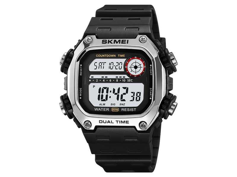 Montre de sport numérique pour homme (argent et noir), étanche, multifonctionnelle.