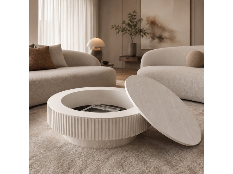  Table basse ronde avec coffre de rangement sous plateau, finition laquée blanc rétro, style moderne en mdf 75×75×35 cm  - Conforama B