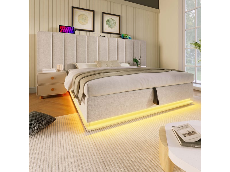  Lit 180x200 cm en lin avec rangement, led et ports usb-c beige chicfurn  - Conforama D