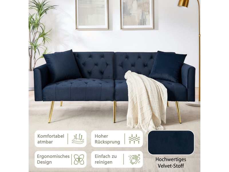 Canapé 2 places convertible avec dossier réglable - coussins assortis, pieds en métal, velours - bleu - Conforama E