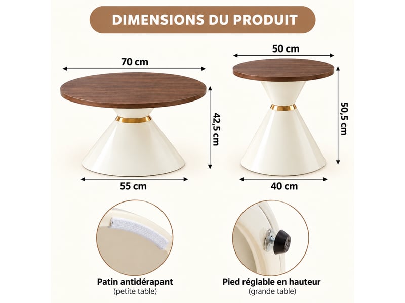 Lot de 2 tables basses rondes, plateau en mdf aspect noyer, structure en métal blanc crème et accents dorés, ø 7050 cm.  - Conforama C