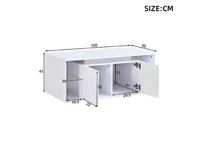  Table basse 100x50x41 cm blanche avec led, 2 portes à motif diagonal et rangement semi-ouvert Fay Lum - Conforama C