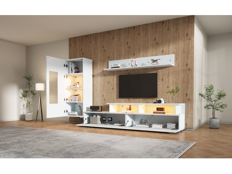  Ensemble meuble tv blanc brillant 3 pièces avec vitrine, étagère, led, pour téléviseur jusqu’à 75 pouces  - Conforama D