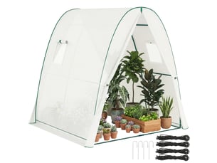 Serre voûtée avec sacs de sable et bâche plastique, 2 portes enroulables, fenêtres en filet, portable, 1,8 x 1,8 x 2 m, blanche