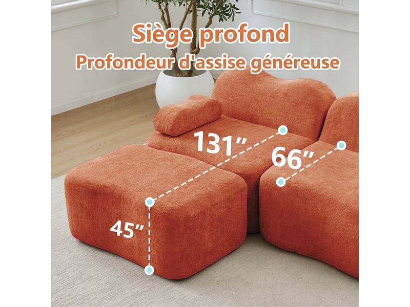  Canapé modulable 4 places en l avec pouf - velours orange mousse 32d sans armature  - Conforama E