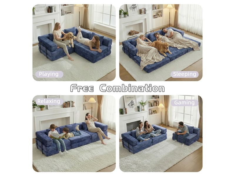  Canapé-lit compressé convertible 3 places, cadre fixe, modulable sans armature, chenille, sans montage, bleu foncé  - Conforama D