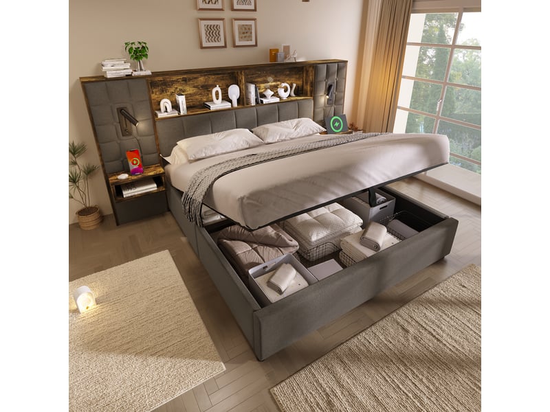  Lit rembourré gris 160x200 avec rangement, led, liseuses et chevets intégrés  - Conforama D