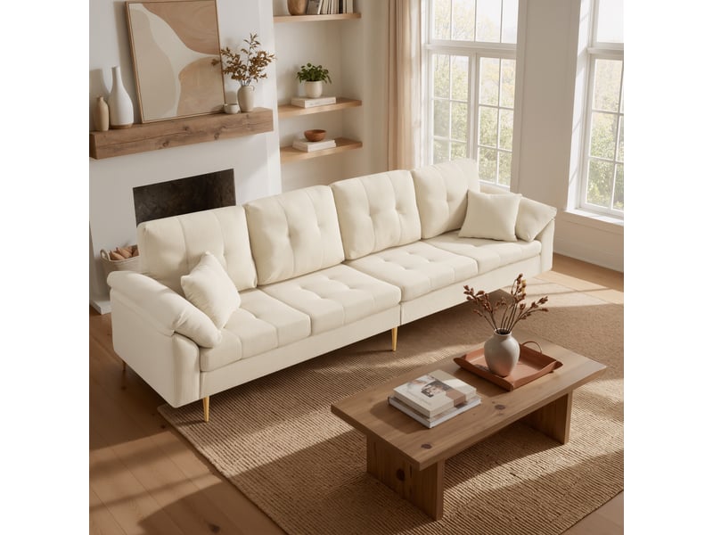 Canapé 4 places en velours côtelé blanc crème, avec pouf mobile, configurable en l, pieds en métal, 250 cm  - Conforama W