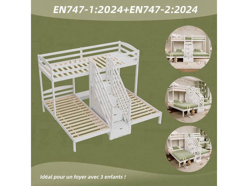 Lit superposé enfant trois couchages 90 x 200 cm avec rangement et tiroirs, structure en pin et mdf, blanc - Conforama W
