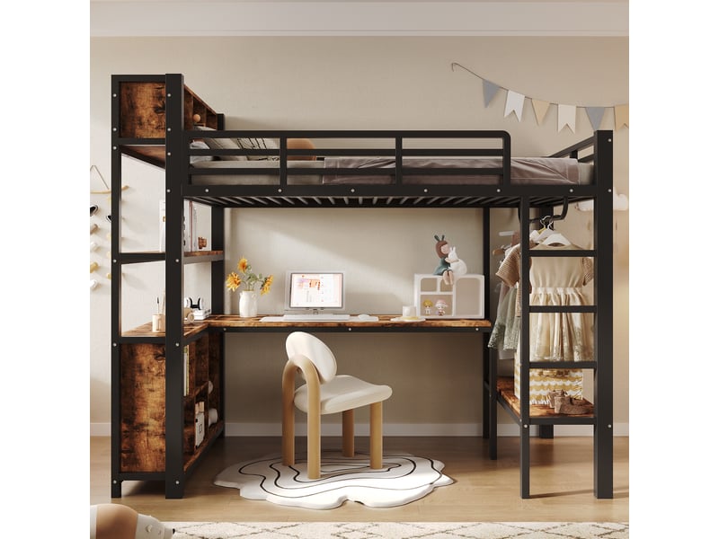  Lit mezzanine 90x200cm - lit haut en métal avec bureau, penderie, étagères de rangement &amp; tête de lit - noir  - Conforama C