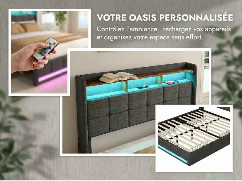  Lit avec rangement 140x190 cm en cuir pu avec tête de lit, led, usb et sommier à lattes – sans matelas  - Conforama E