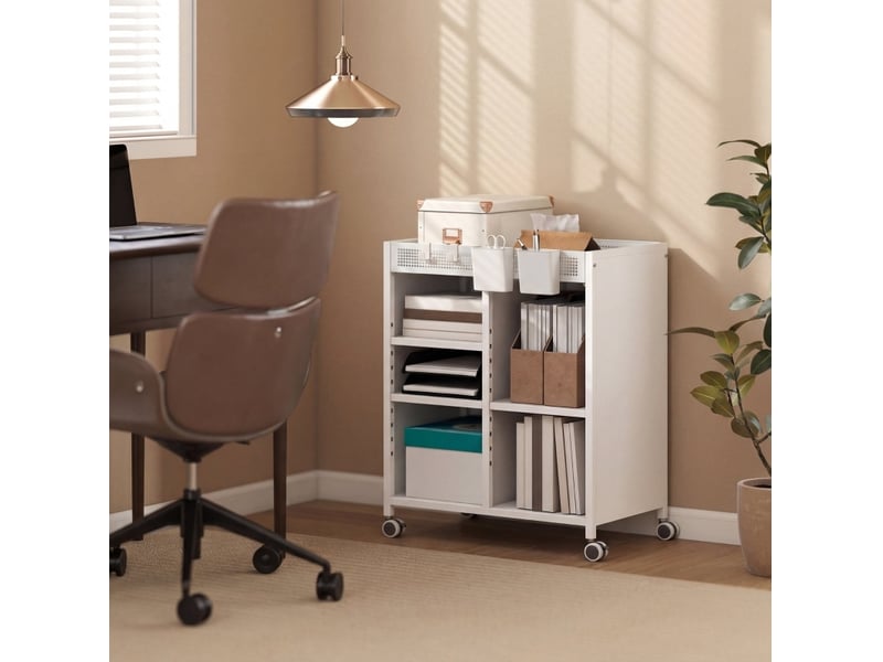 Bibliothèque tcqpz sur roulettes 4 niveaux 53 x 34 x 69,5 cm étagères réglables paniers suspendus métal blanc - Conforama B