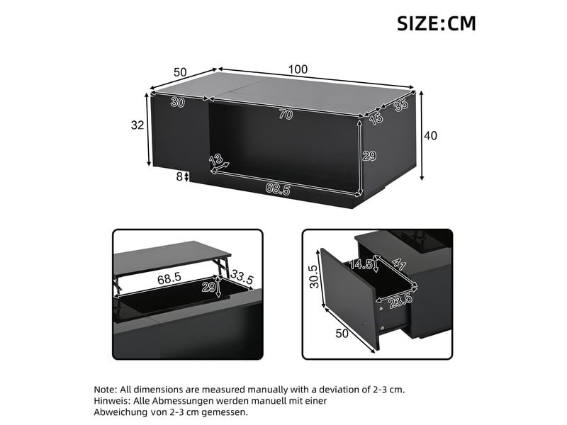  Table basse relevable rectangulaire noir - 50x100 cm led panneau de particules table basse noir - Conforama C