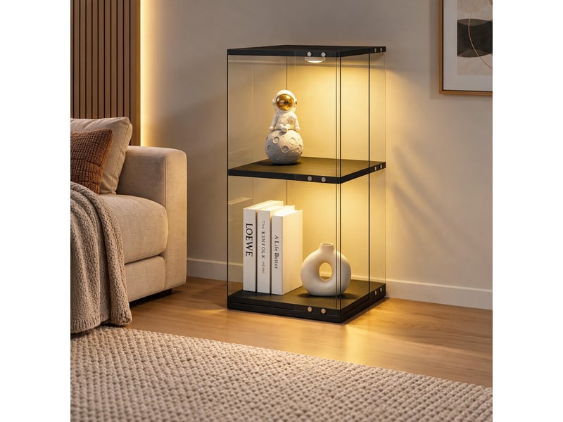 Vitrine d'exposition rotative 360°, verre 2 niveaux 85 cm avec led rgb, anti-basculement, verre trempé et bois, noir - Conforama C