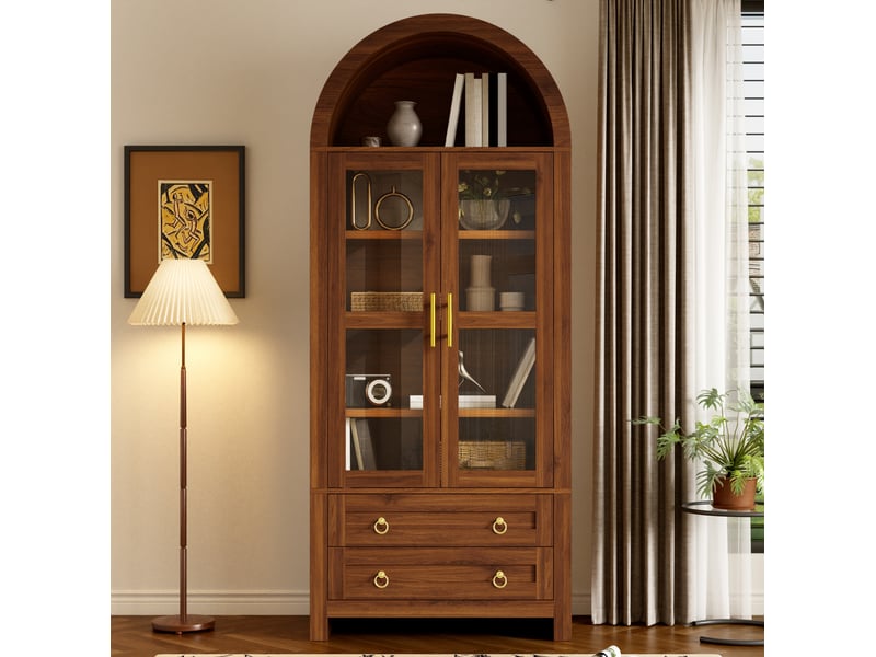 Buffet avec led 76x40x180 cm, 2 portes en verre trempé et 2 tiroirs, design rétro, mdf et panneau de particules, marron - Conforama B