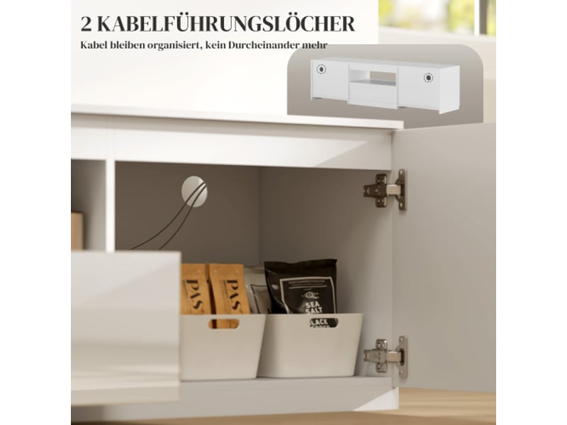  Meuble tv blanc 160 cm avec 2 portes, tiroir et gestion des câbles, pour tv jusqu’à 65 pouces  - Conforama D