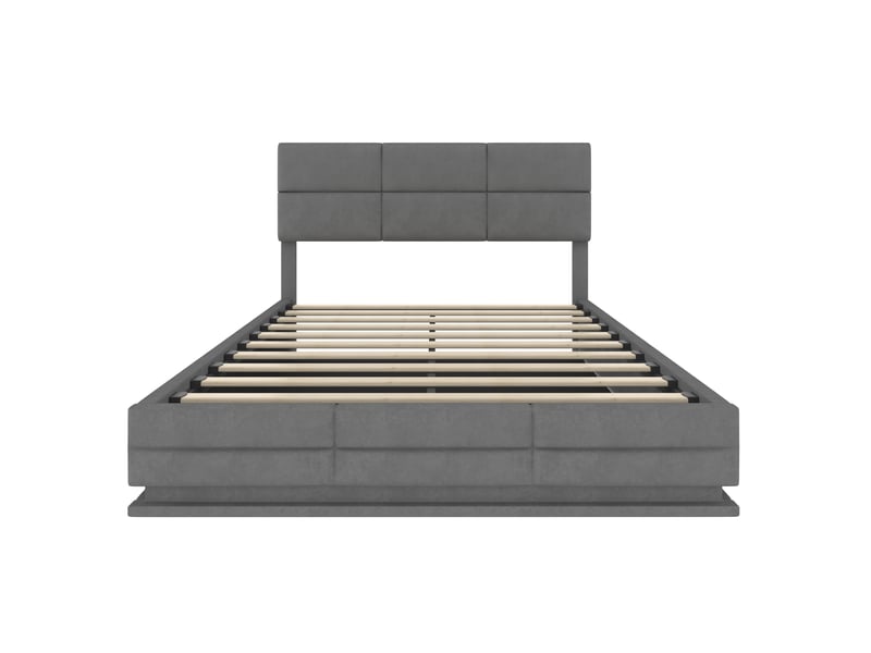  Lit 140x200cm, lit coffre, lit 2 places, tête de lit réglable, led, usb, sommier, sans matelas, velours, gris  - Conforama E