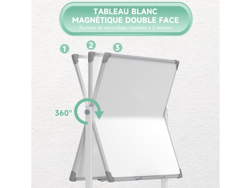  Tableau blanc magnétique double face effacable rotatif mobile avec support, aimants, gomme et roulettes, marqueurs  - Conforama A