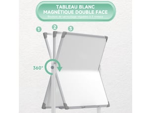 Tableau blanc magnétique double face effacable rotatif mobile avec support, aimants, gomme et roulettes, marqueurs