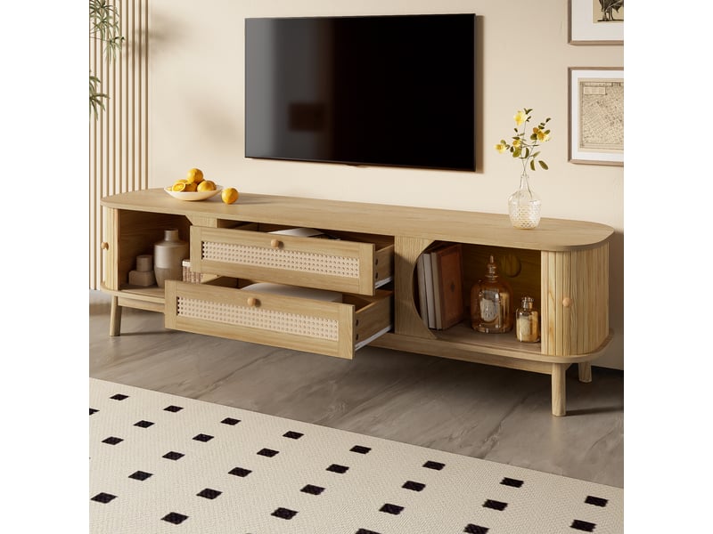  Meuble tv bois massif et rotin naturel 170 cm avec portes coulissantes et tiroirs, style rustique  - Conforama D