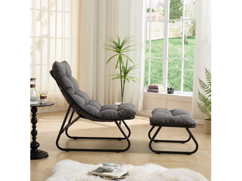  Fauteuil de jardin gris avec repose-pieds, coussin épais et structure acier noire, pour intérieur et extérieur  - Conforama D