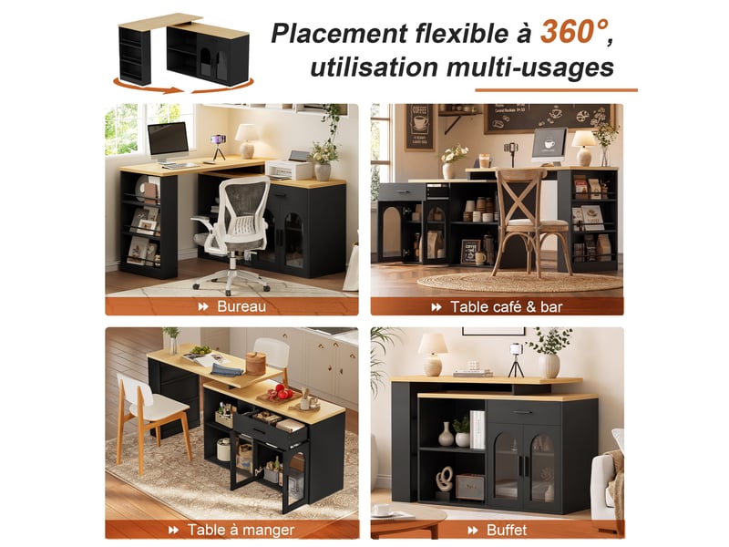  Buffet de cuisine avec 1 tiroir, étagères et plateau pivotant 360° pour cuisine, 136×50×78 cm, noir naturel  - Conforama E