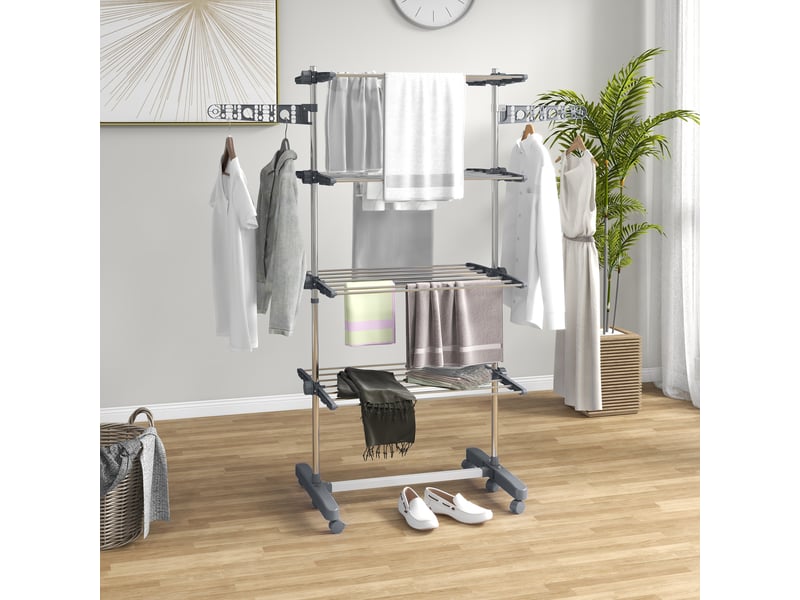  Séchoir à linge, 5 niveaux, pliable, système de pliage en un clic, 142 cm x 55 cm x 172 cm, gris argenté  - Conforama C