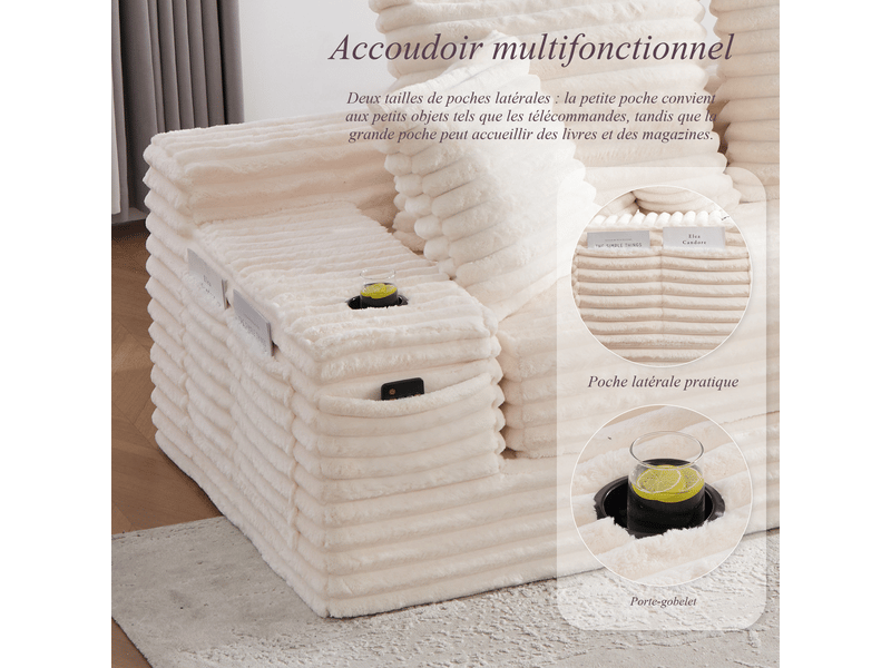  Canapé droit convertible en velours côtelé beige, 3 places, dossier haut, poches et porte-gobelets, salon 273x98x87cm - Conforama D
