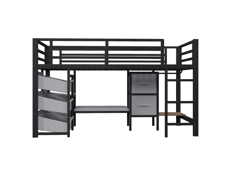  Lit surélevé avec coussin, rangements tissu et led multicolore, métal noir, 90x200 cm, sans matelas  - Conforama A