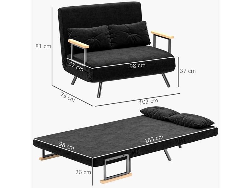  Canapé convertible 2 places 4 en 1, canapé-lit avec dossier réglable sur 5 niveaux, 2 coussins, noir, 102 x 73 x 81 cm  - Conforama C