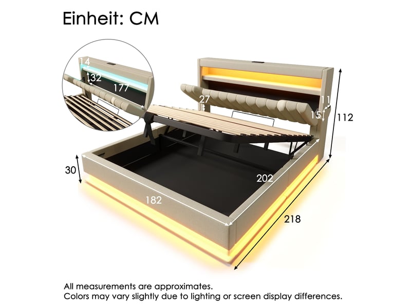  Lit coffre 180x200 cm rembourré, tête de lit avec rangement, led, usb et type-c, rangement hydraulique, lin beige  - Conforama C