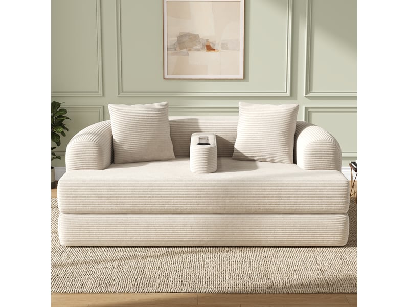  Canape droit pliant 2 places compressé, design 2-en-1, en mousse douce et velours côtelé couleur beige, design moderne  - Conforama D