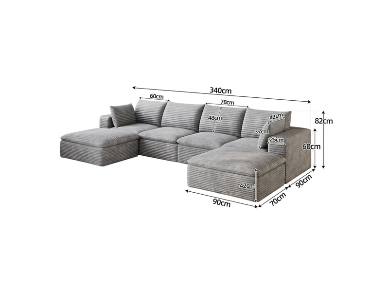 Canapé modulaire 6 places, coussins amovibles et soutien en mousse, en velours côtelé gris foncé, 340 × 160 × 60 cm - Conforama C