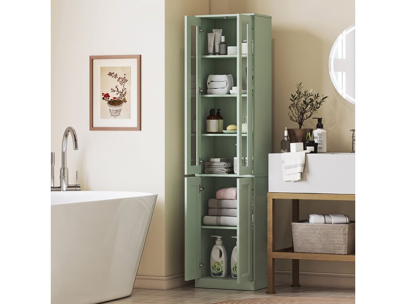  Meuble de salle de bain à 6 niveaux, unité de rangement avec 4 portes à fermeture amortie et étagères réglables, vert  - Conforama D