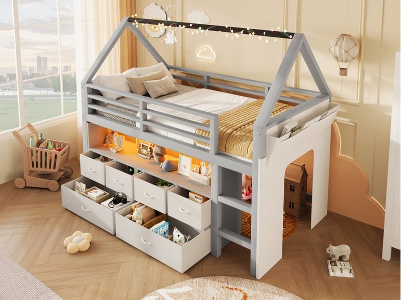  Lit mezzanine, 90 x 200 cm, avec guirlande lumineuse led, 6 tiroirs en tissu, rideau latéral en tissu et pochette de rangement, gris  - Conforama B