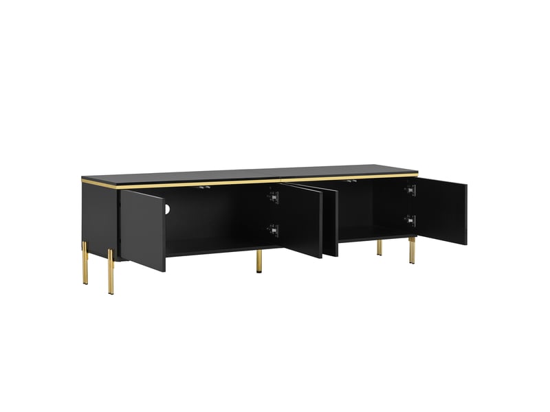  Meuble tv et table basse design luxe - finition laquée brillante unie, liserés dorés, grand espace de rangement  - Conforama D