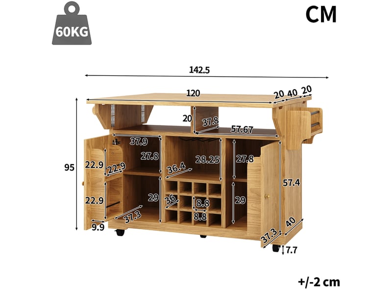 Desserte de cuisine mobile avec plateaux rabattables, étagères réglables et range-bouteilles amovible en mdf naturel - Conforama E