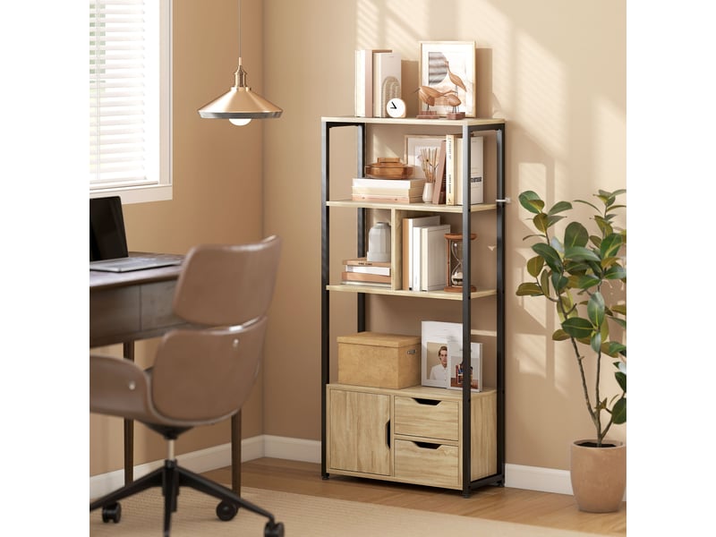  Bibliothèque style industriel 3 étagères placard porte 2 tiroirs 58 x 24 x 122 cm effet bois naturel acier noir  - Conforama C