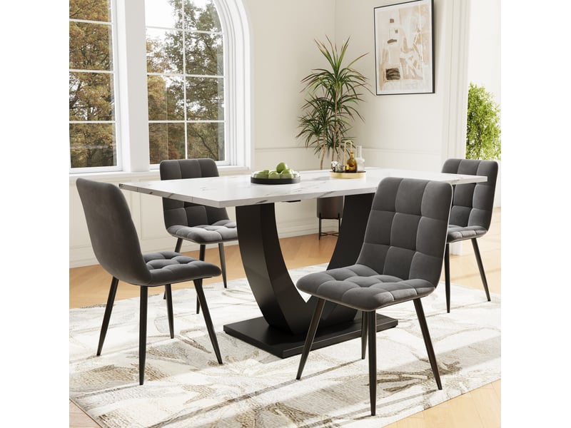 Table à manger rectangulaire 140x75,5cm, finition blanche, effet marbre design moderne, plateau aggloméré, cadre métal, usage cuisine, pieds ajustables - Conforama E
