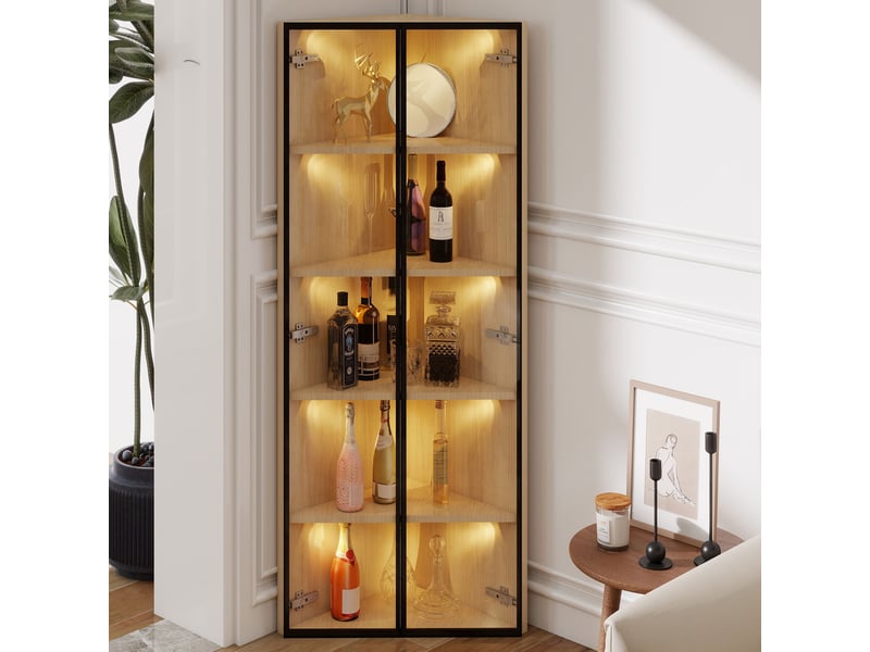  Vitrine d’angle led 62 × 35 × 160 cm, avec 2 portes en verre trempé, étagères ouvertes, meuble de rangement, chêne, format compact, coloris naturel CARDUME ESTIVAL - Conforama B