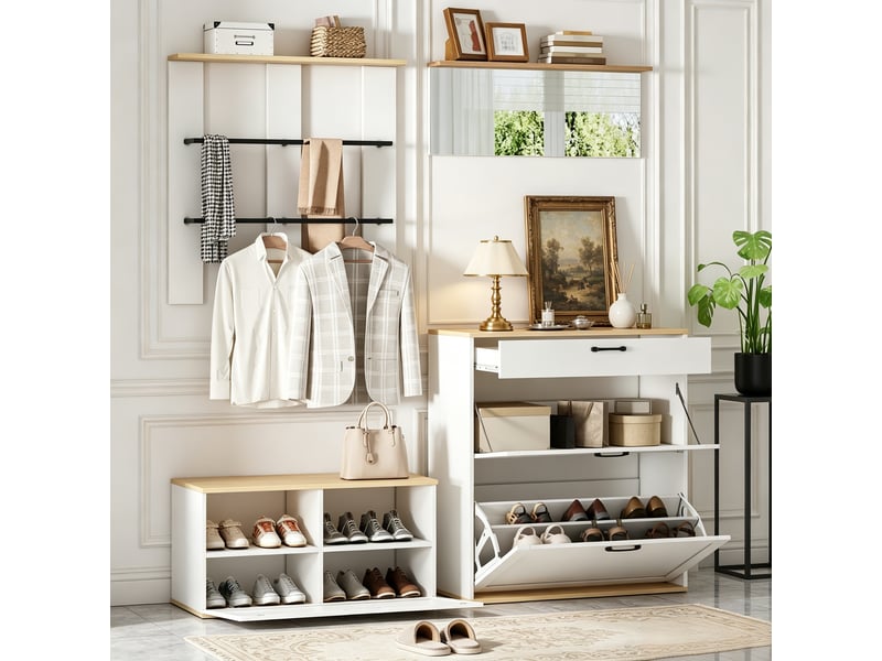 Meuble d’entrée modulable blanc et bois, vestiaire avec banc à chaussures, miroir et penderie, 156 x 36 x 176 cm - Conforama B