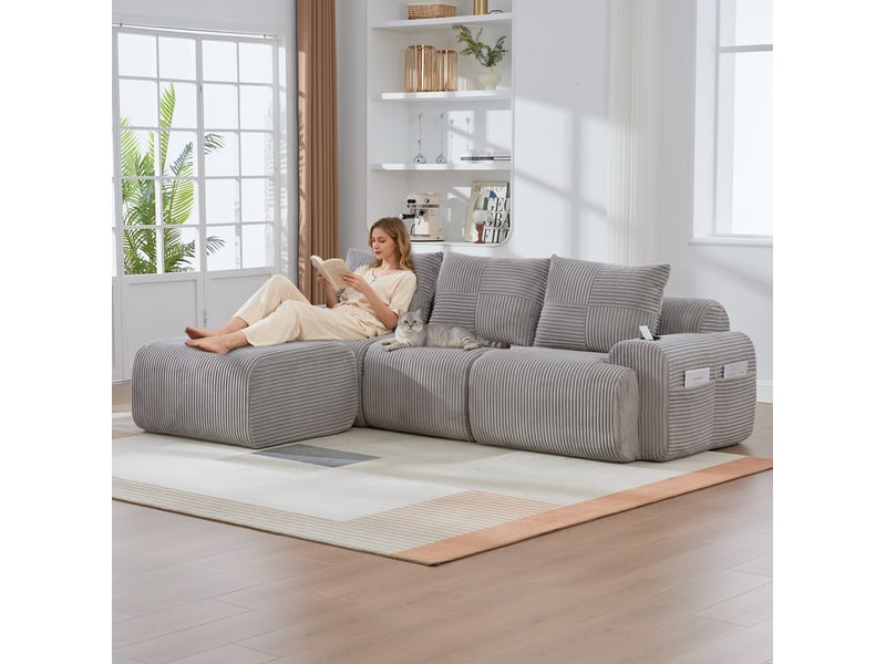  Canapé modulable 3 places avec pouf en velours côtelé gris clair, porte-gobelet et poche latérale  - Conforama D