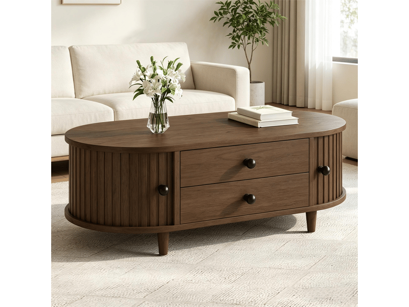 Table basse ovale 100 x 50 x 36 cm, 2 tiroirs et portes tambour, mdf avec pieds en bois massif, noyer Fay Lum - Conforama D