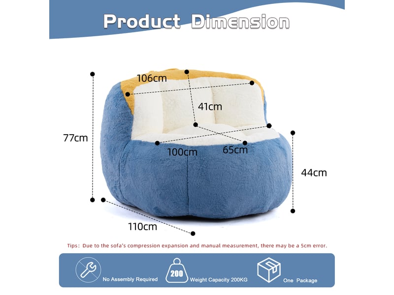 Fauteuil poire géant, canapé pouf en fausse fourrure bleu blanc jaune, rempli de mousse, 106 x 110 x 77 cm, salon et chambre - Conforama B