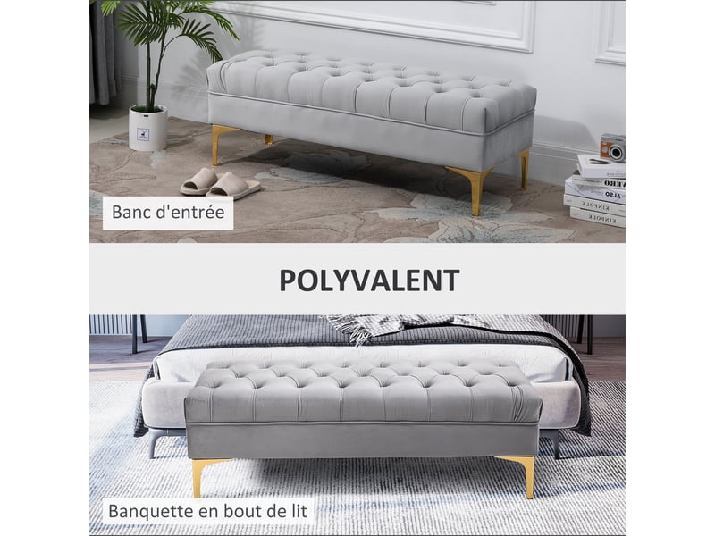  Banc banquette capitonnée pour bout de lit style classique chic dimensions 118l x 45l x 42h cm avec piètement en métal doré et velours gris clair  - Conforama E