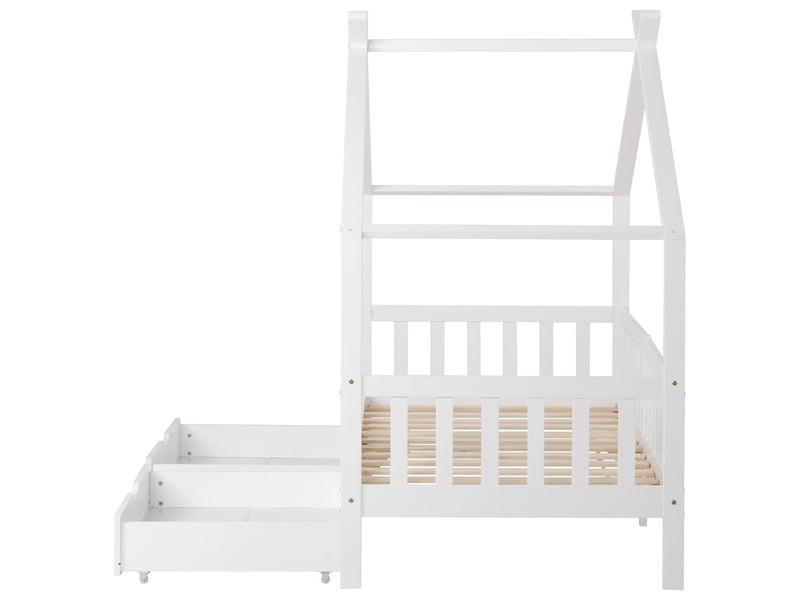  Lit cabane enfant 90x200cm - avec 2 tiroirs de rangement - lit enfant - bois massif, barrière de sécurité, sommier à lattes, blanc  - Conforama D