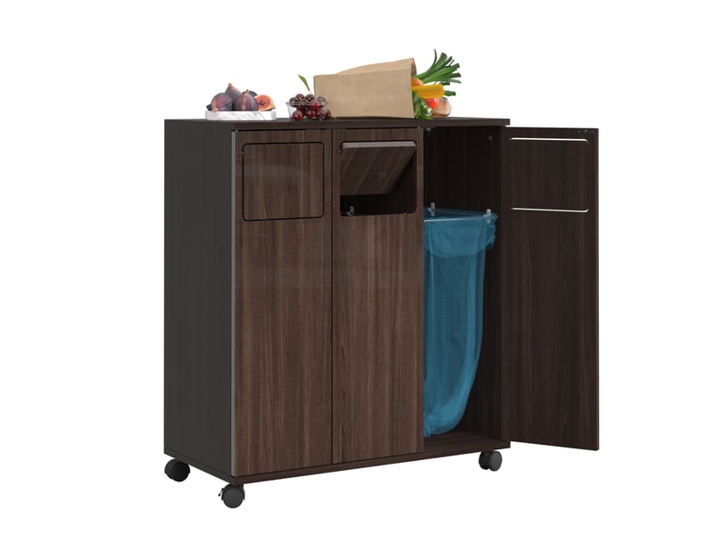  Meuble de tri des déchets 3 portes à roulettes 69,3x35x80 cm mdf noyer brillant  - Conforama D